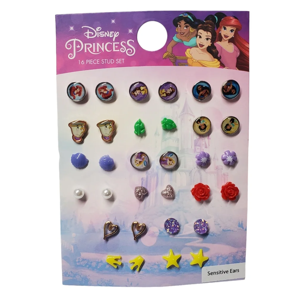 NEW Disney Princess 16 Piece Stud Set & 5 Hair Bow Set